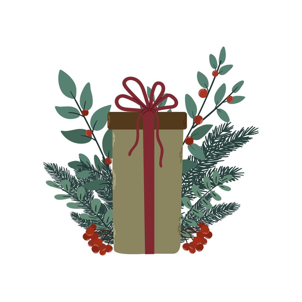 cadeau de noël sous la forme d'une boîte verte avec un arc rouge, des branches de sapin et des branches aux fruits rouges. illustration vectorielle plane couleur isolée. pour carte de voeux, affiche, impression vecteur