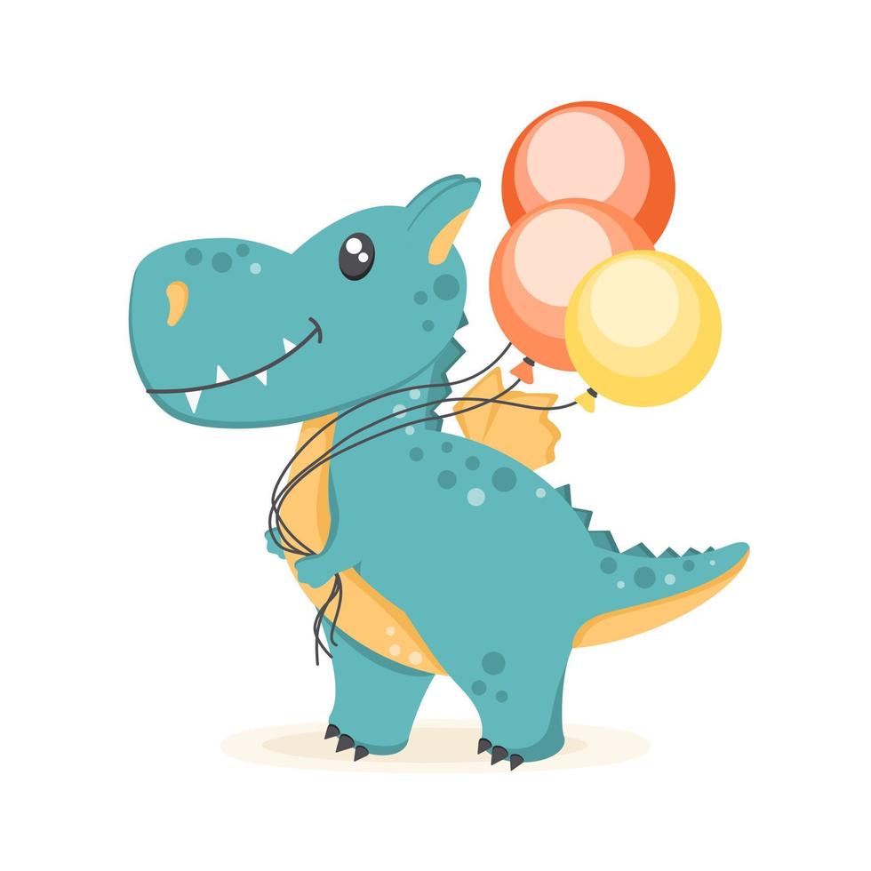 dinosaure mignon avec des ballons. illustration de vecteur de dessin animé.