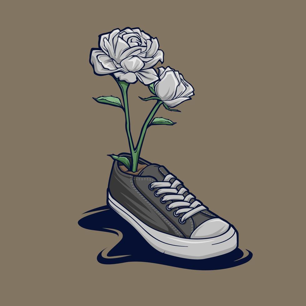 fleur rose blanche sur la chaussure, dessin animé dessiné à la main vecteur