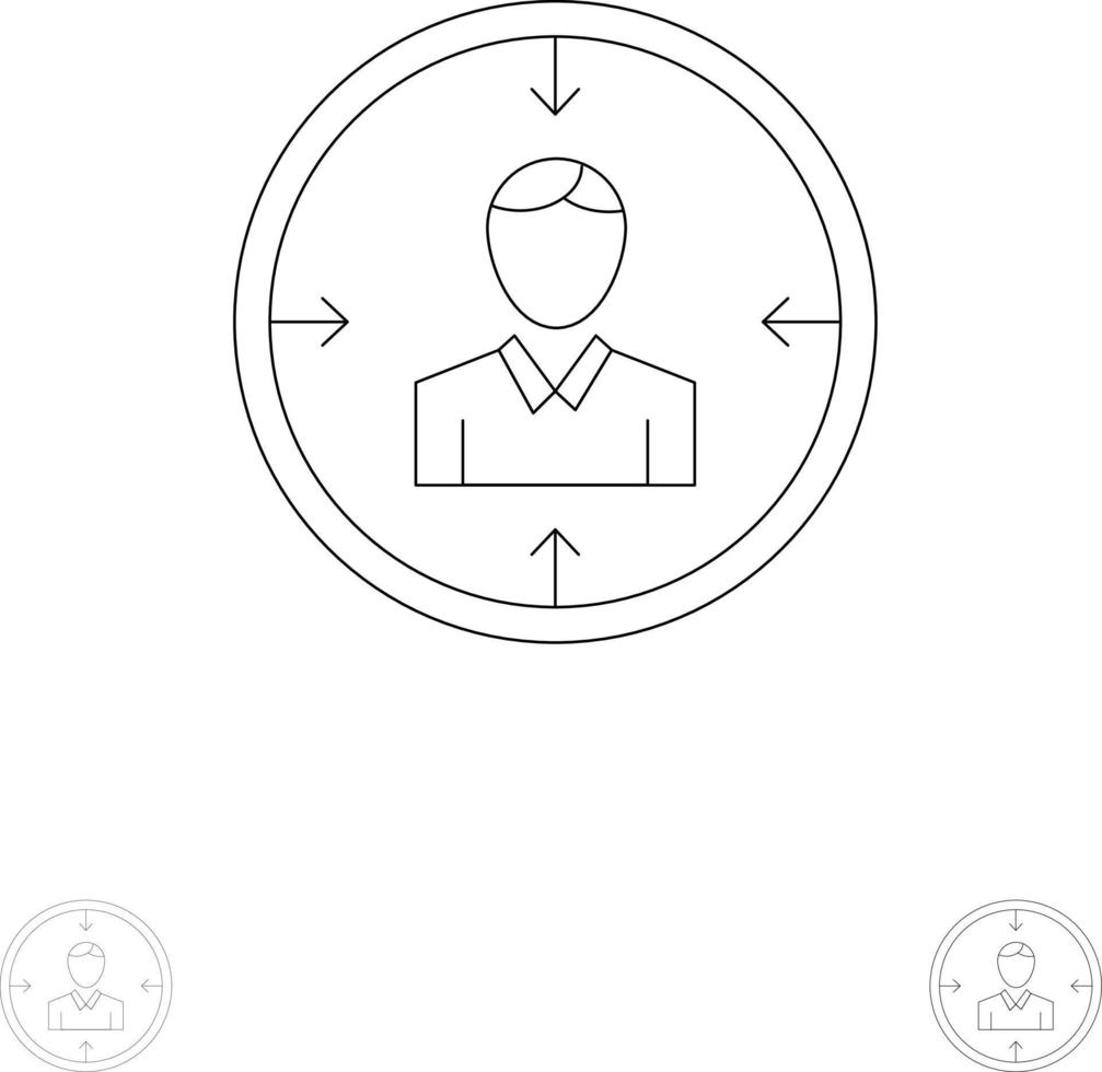 cibler l'employé hr chasser les ressources personnelles reprendre l'ensemble d'icônes de ligne noire audacieuse et fine vecteur