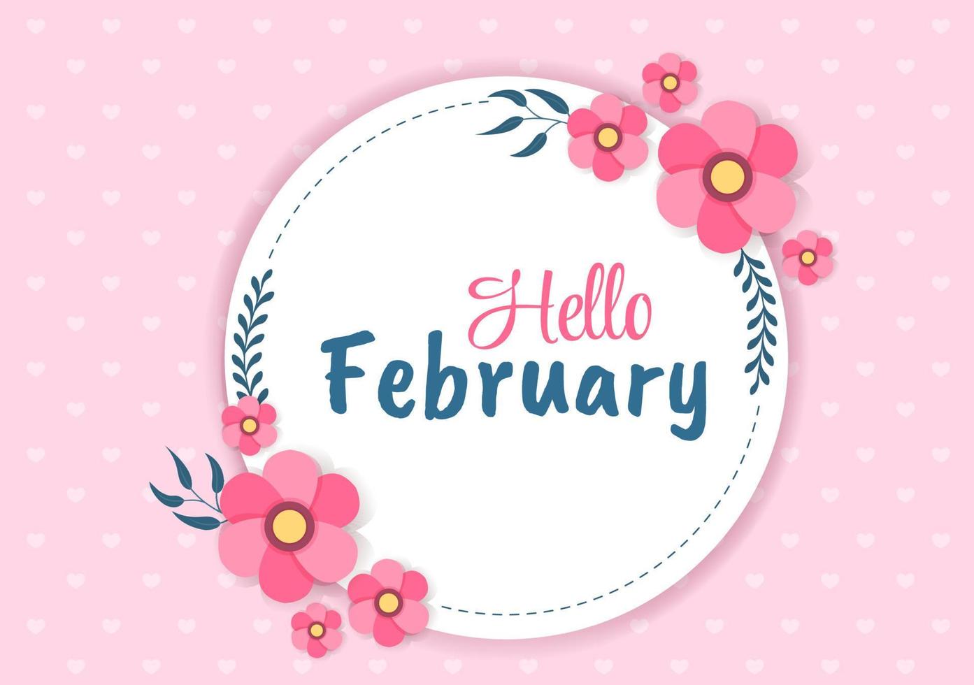 bonjour le mois de février avec des fleurs, des coeurs, des feuilles et des lettres mignonnes pour le fond de la décoration dans l'illustration de modèles dessinés à la main de dessin animé plat vecteur