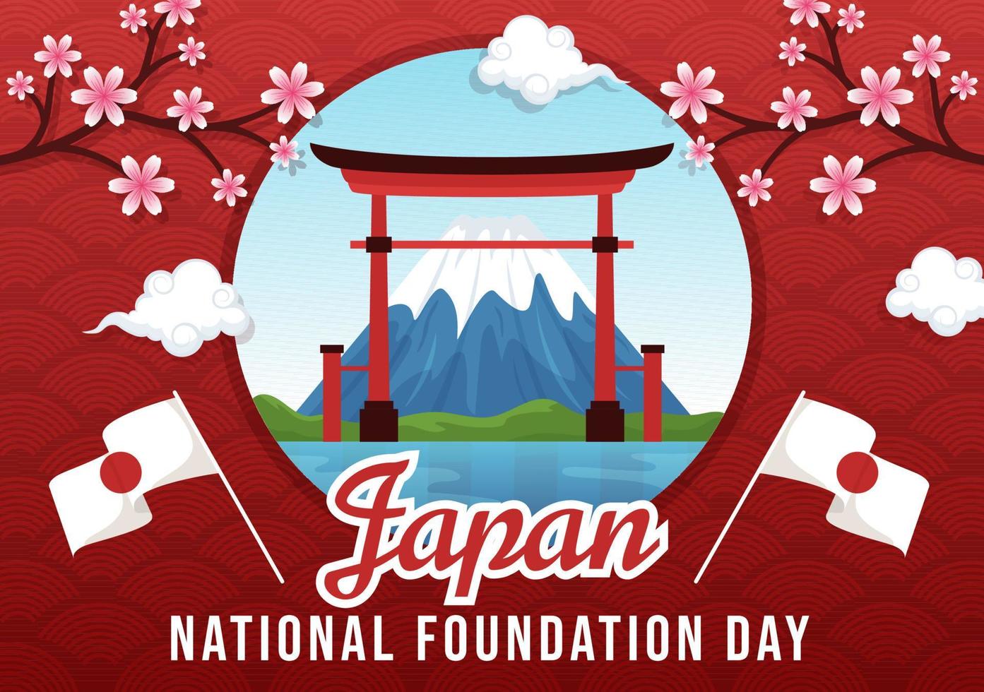 bonne journée de la fondation nationale du japon le 11 février avec des monuments japonais célèbres et un drapeau dans un dessin animé de style plat illustration de modèles dessinés à la main vecteur