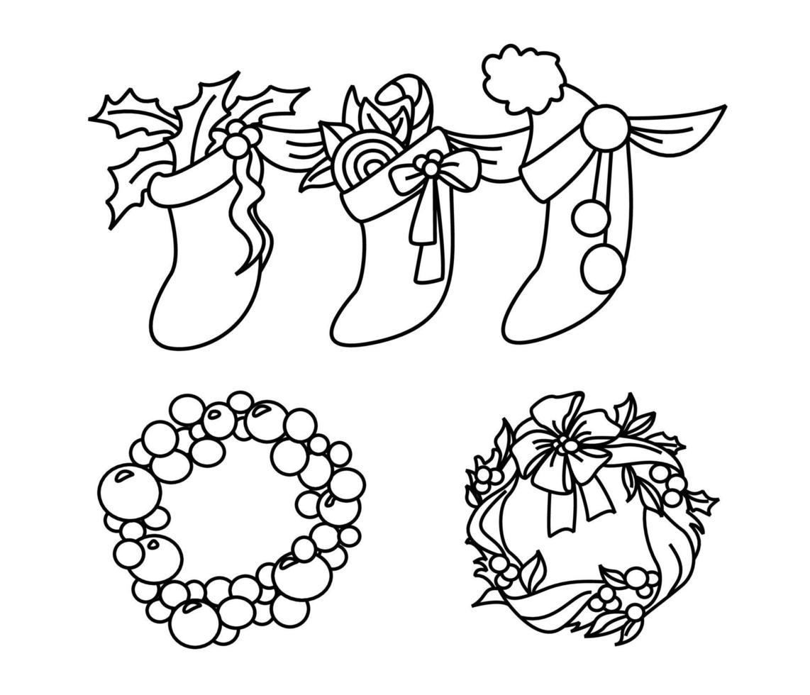 ensemble d'éléments de doodle de noël et d'hiver dessinés à la main en vecteur. collection festive isolée sur fond blanc. conception d'icônes, de boutons, de vacances. cadeaux, arbres, pâtisserie, cadeaux, pain d'épice. vecteur