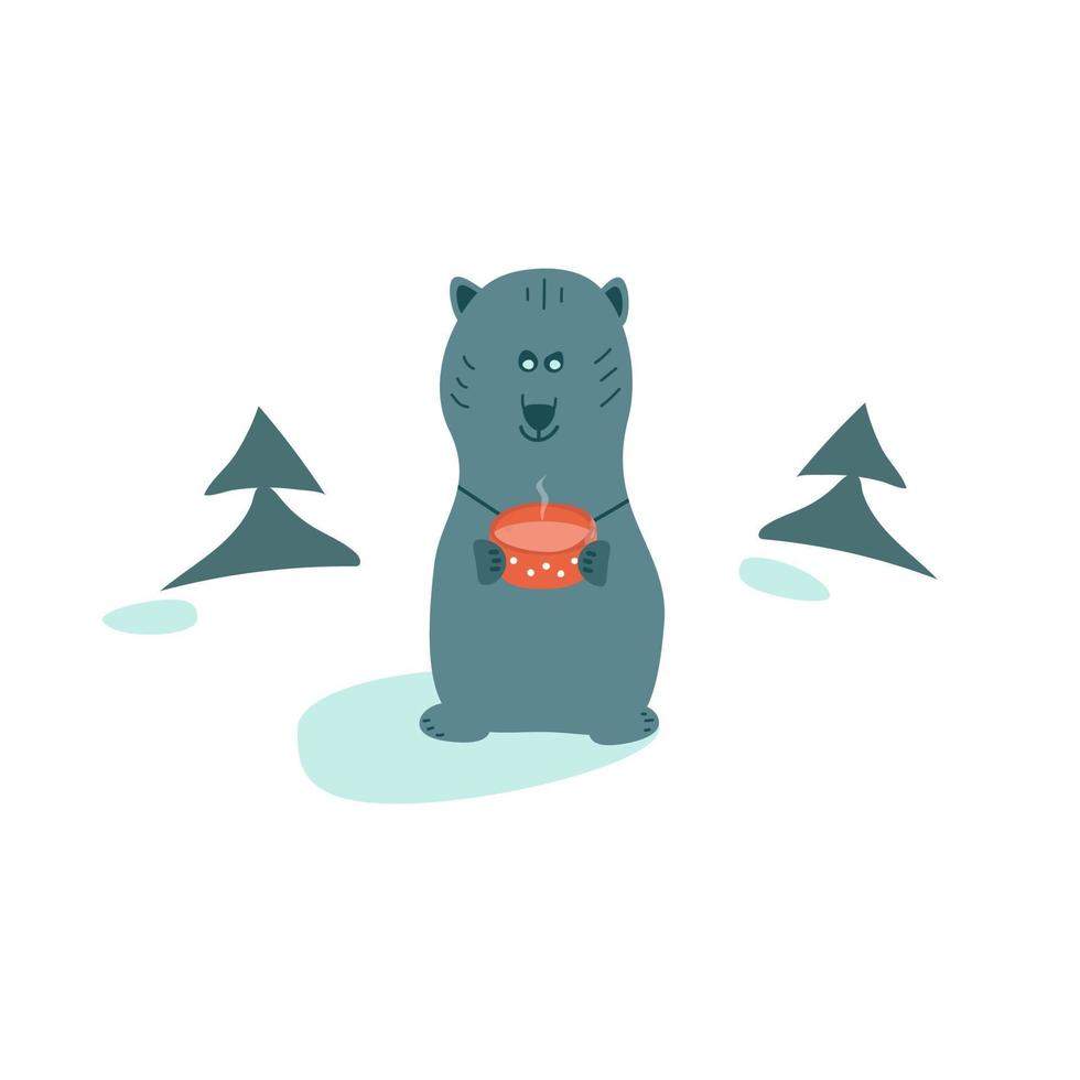 animal drôle avec une tasse dans ses mains parmi les sapins. image d'un ours dessiné en vecteur. vecteur