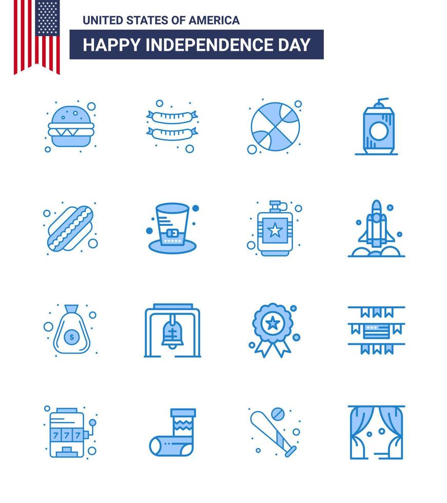 joyeux jour de l'indépendance pack de 16 signes et symboles de blues pour la journée sports de hot-dog boisson américaine modifiable éléments de conception de vecteur de jour des états-unis
