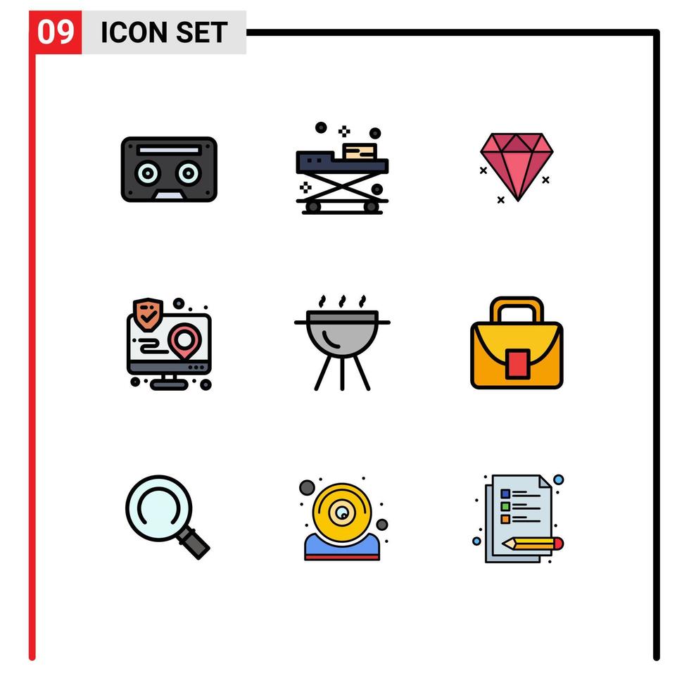 9 couleurs plates de ligne remplie de vecteurs thématiques et symboles modifiables de l'action d'interaction de médecine d'interface de barbecue éléments de conception vectoriels modifiables vecteur