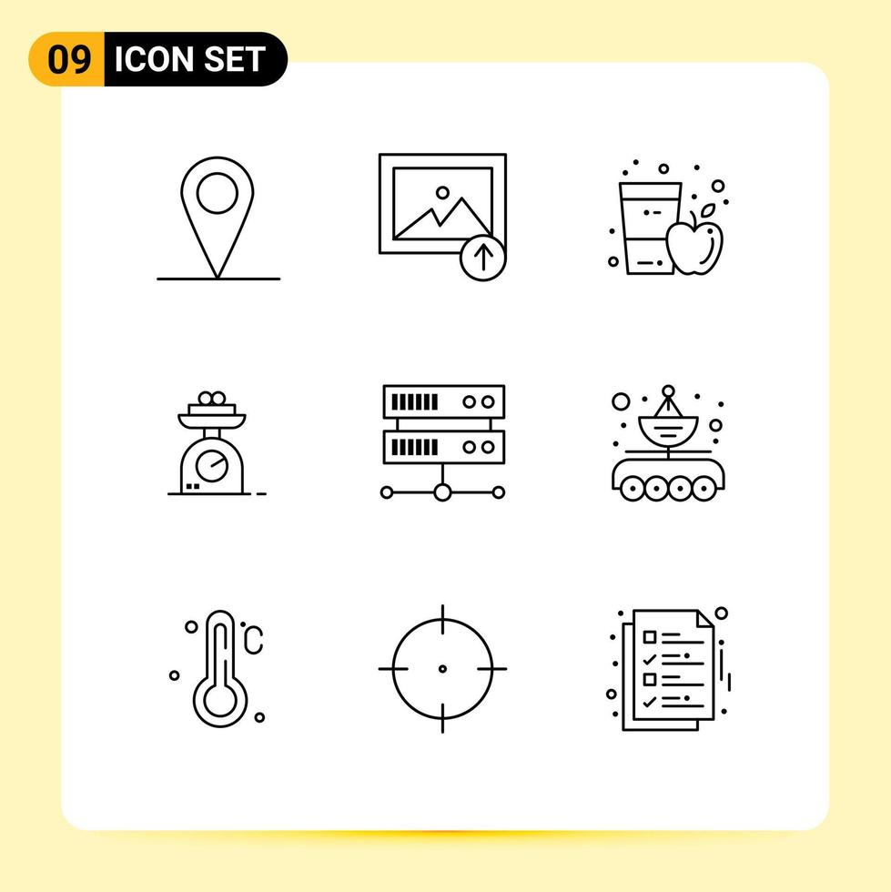 pack de 9 contours modernes signes et symboles pour les supports d'impression Web tels que le centre d'hébergement centre de données boisson échelle de poids éléments de conception vectoriels modifiables vecteur