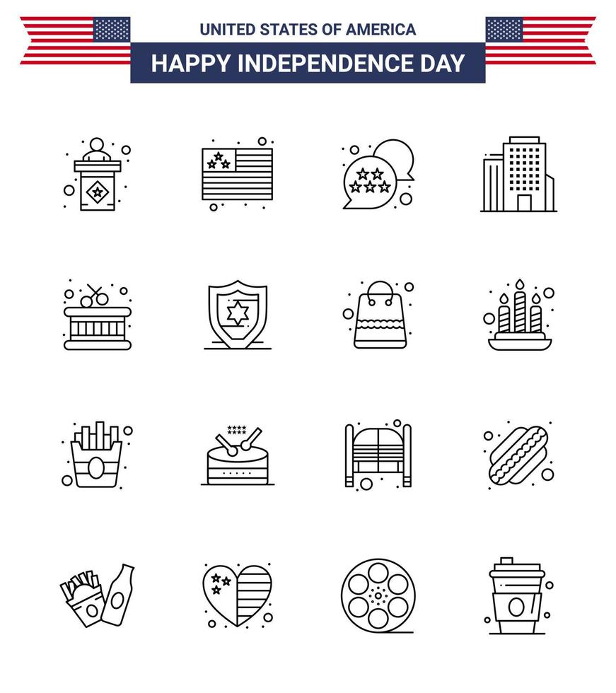 joyeux jour de l'indépendance 16 lignes pack d'icônes pour le web et l'impression instrument américain usa drum office modifiable usa day vector design elements