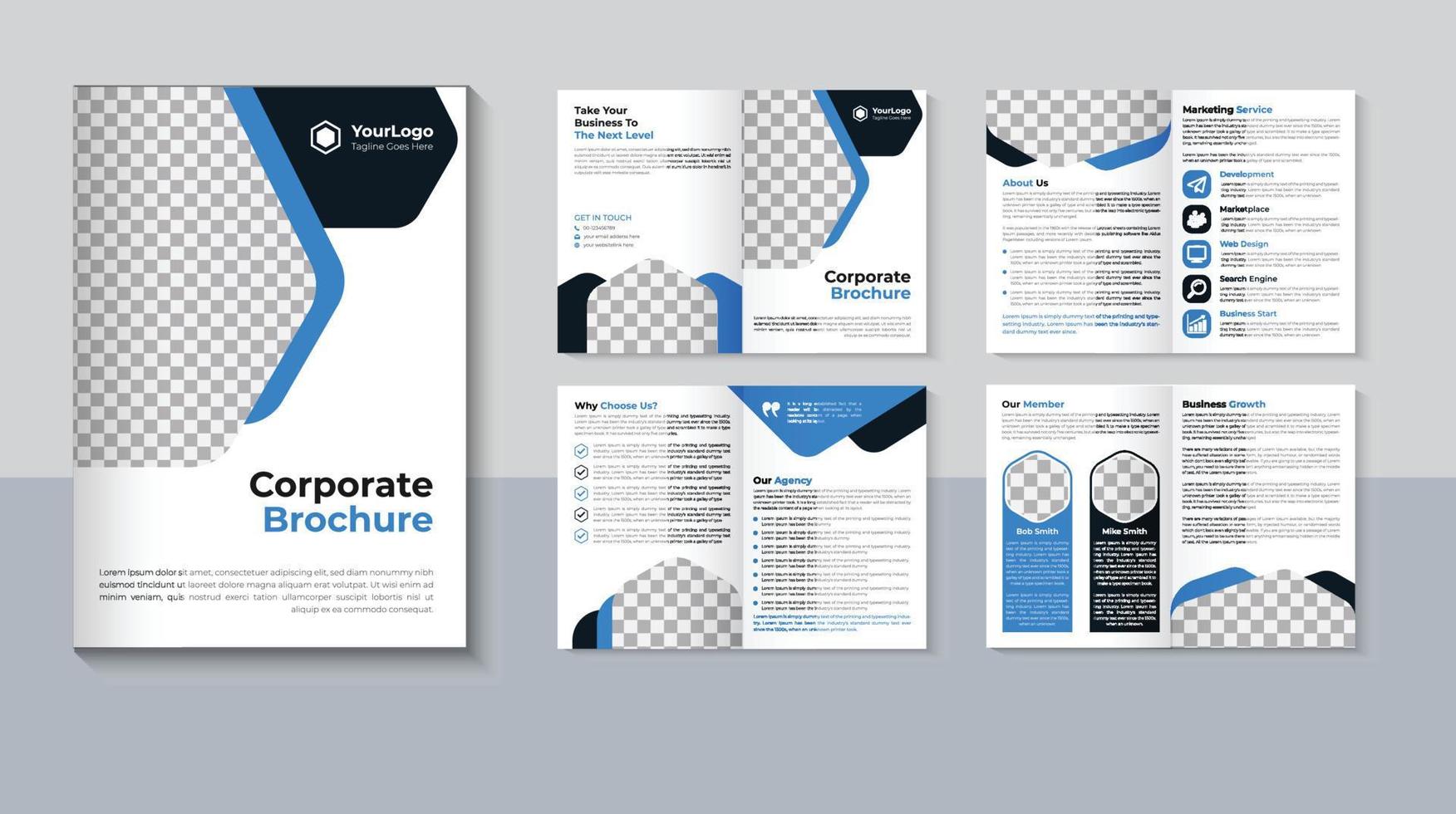 conception de brochure créative de 8 pages, modèle de brochure d'entreprise, conception de brochure d'entreprise, profil d'entreprise moderne, couleur bleue, image vectorielle pro vecteur