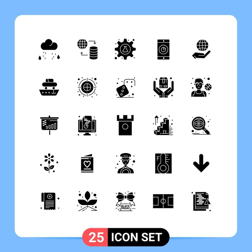 ensemble de 25 glyphes solides vectoriels sur la grille pour les éléments de conception vectoriels modifiables du tube mobile de l'application mobile globale vecteur