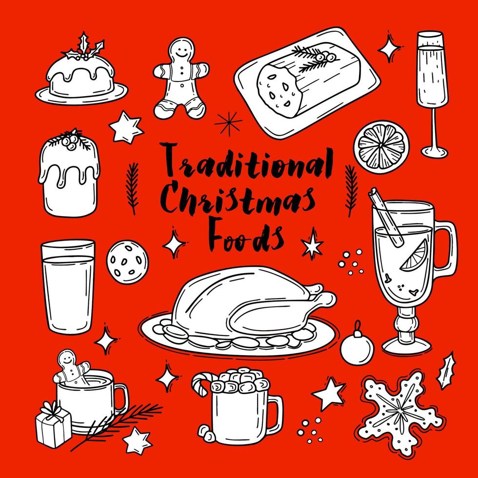 illustration traditionnelle de nourriture et de boisson de noël dans un style doodle sur fond rouge vecteur