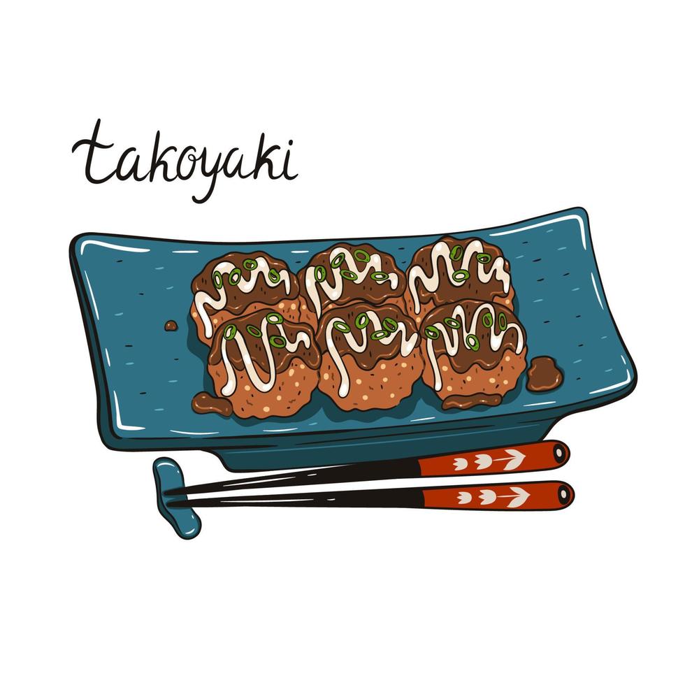 assiette avec takoyaki et baguettes isoler sur fond blanc. graphiques vectoriels. vecteur