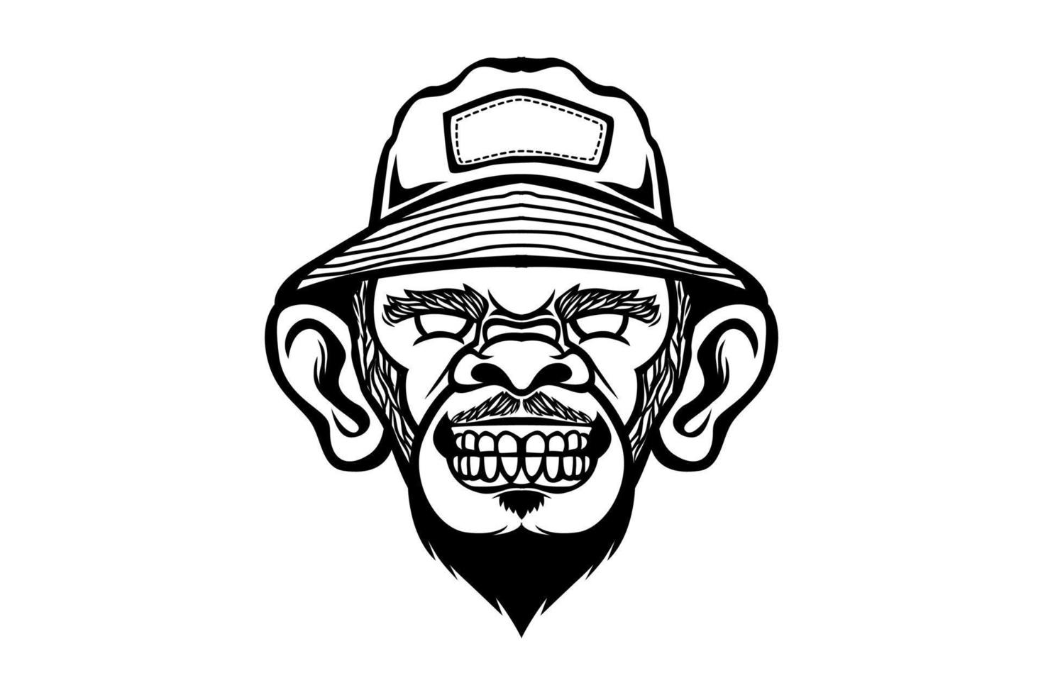 tête de singe à l'aide d'un chapeau de seau logo vectoriel noir blanc
