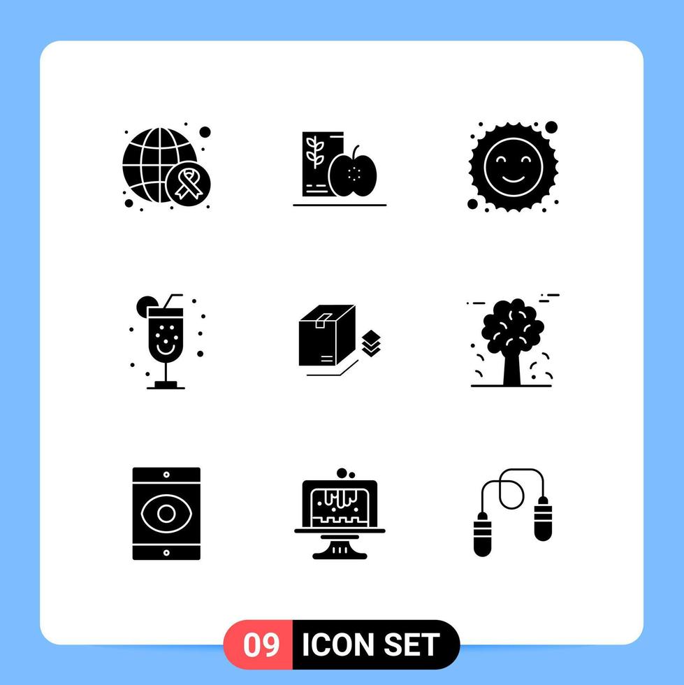 pack de 9 glyphes solides créatifs de boîte d'emballage éléments de conception vectoriels modifiables d'alcool de fête saine vecteur