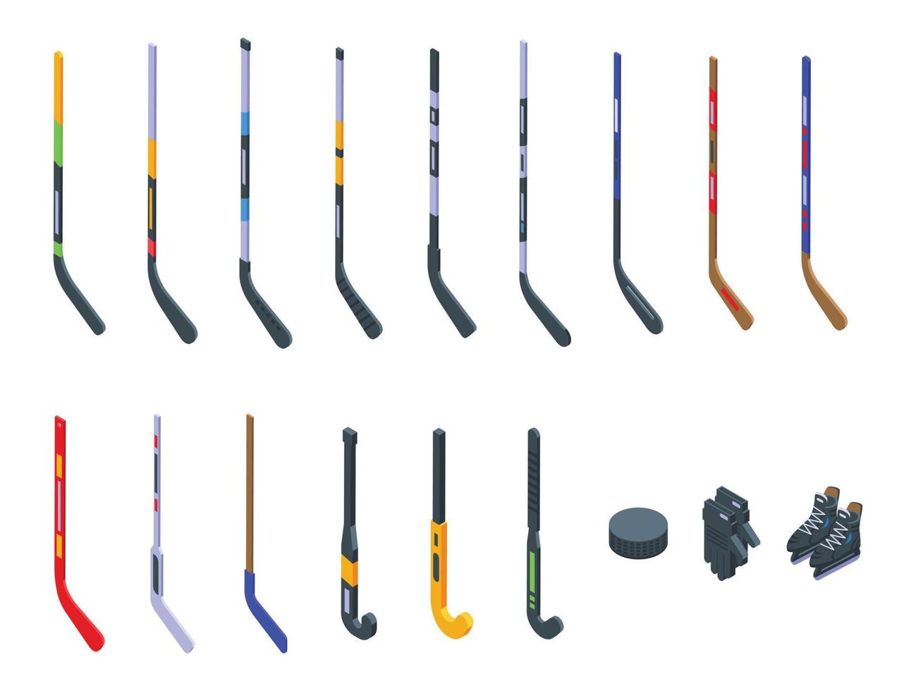 icônes de bâton de hockey définies vecteur isométrique. boule de champ