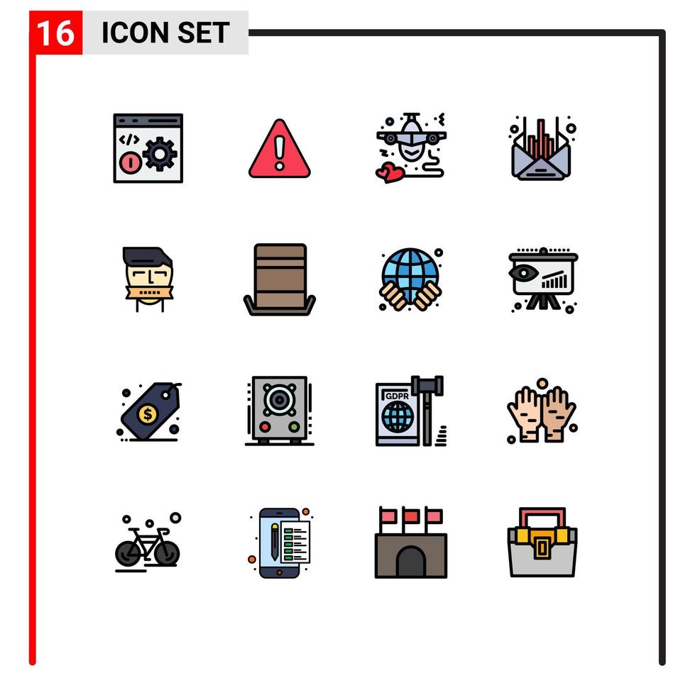 interface mobile ligne remplie de couleurs plates ensemble de 16 pictogrammes de gestion des messages signe mail coeur éléments de conception vectoriels créatifs modifiables vecteur
