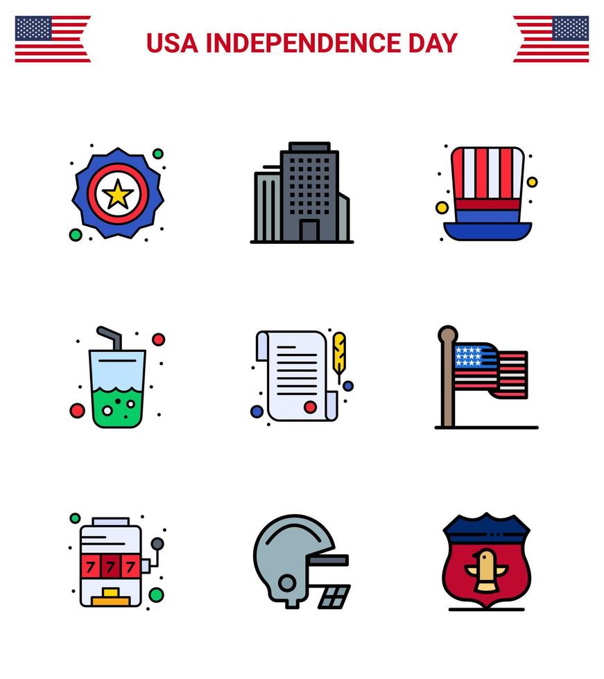 usa independance day plat rempli ligne ensemble de 9 pictogrammes usa de jour papier chapeau cola boisson modifiable usa day vector design elements