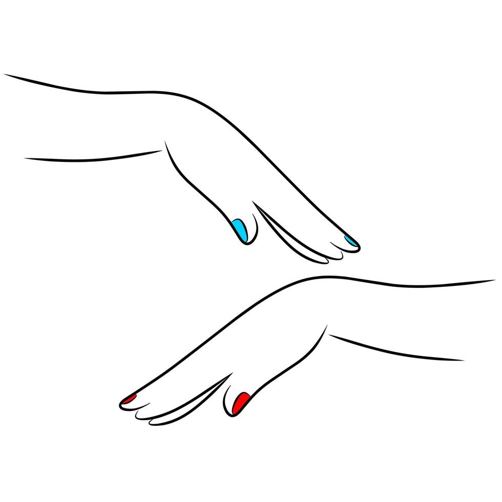 contour de main de femme élégante et élégante sur fond blanc. illustration vectorielle de mains féminines avec des ongles rouges et bleus. parfait pour les logos de beauté, les crèmes de blanchiment de la peau et les salons. vecteur