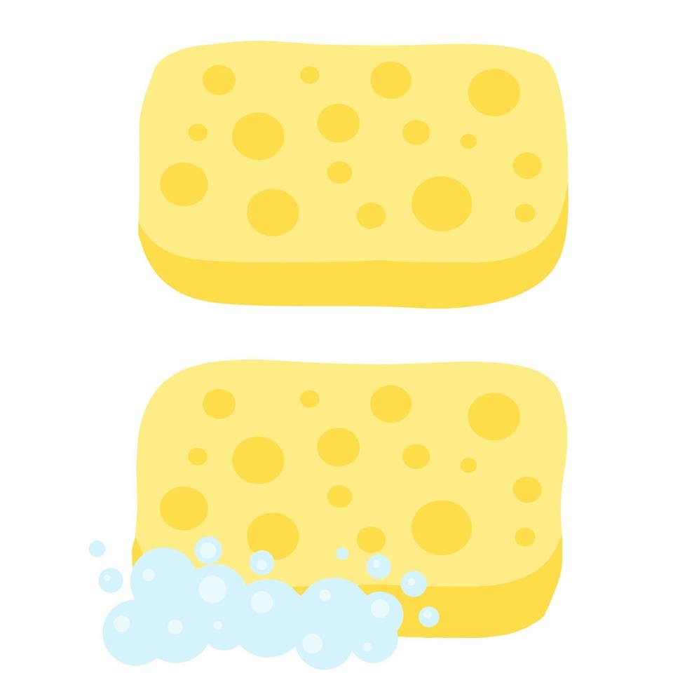 éponge avec mousse. outil jaune pour le nettoyage. détergent avec du savon. ensemble d'éléments de cuisine et de salle de bain. illustration de dessin animé plat vecteur