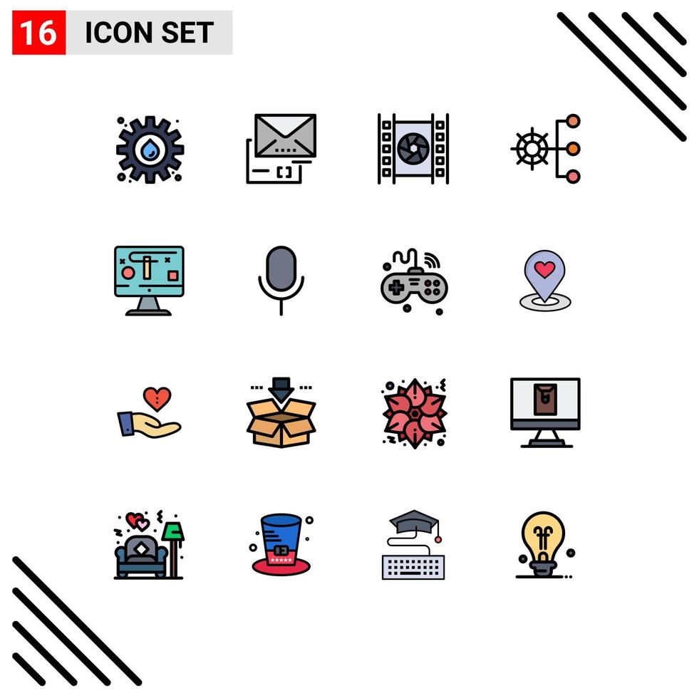 groupe de 16 signes et symboles de lignes remplies de couleurs plates pour les éléments de conception vectoriels créatifs modifiables de la société de film de gestion informatique vecteur