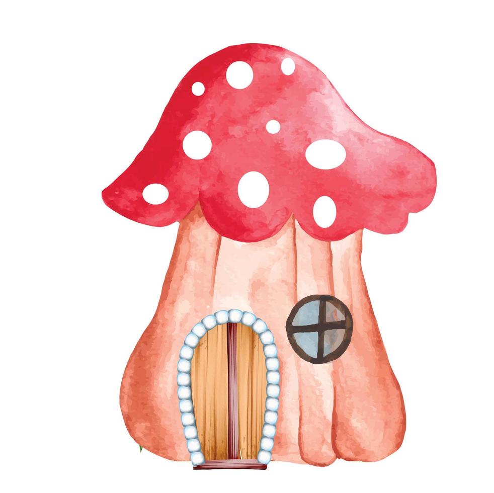 illustration de maison de gnome magique à l'aquarelle, maison de jardin féerique fantastique avec porte en bois et feuilles vertes pour illustration de dessin animé, cartes, invitations, t-shirts vecteur