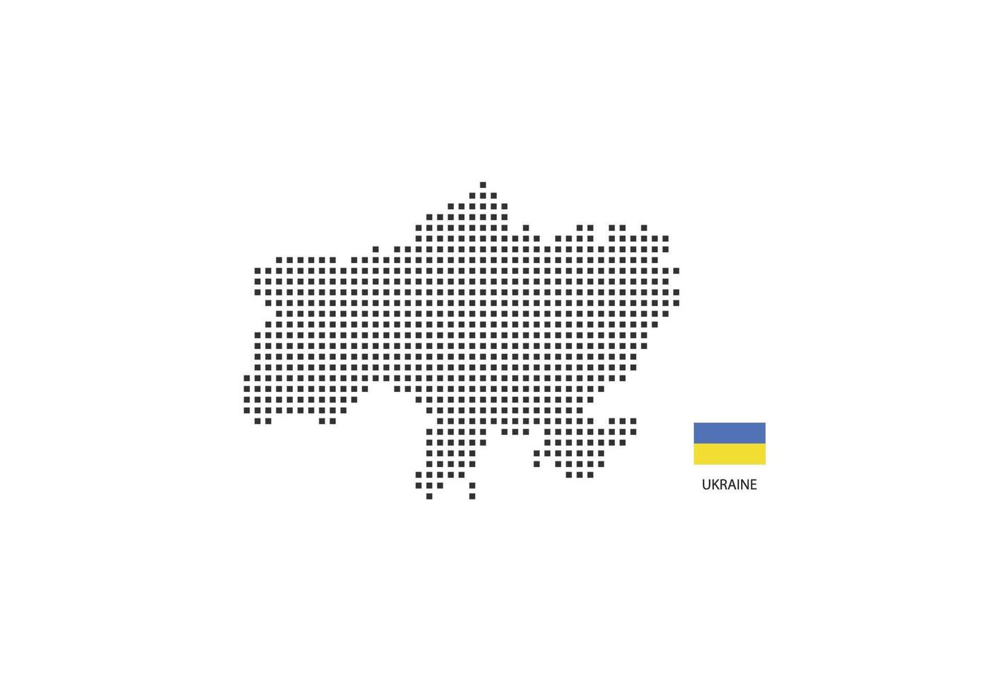 Carte en pointillés pixel carré vectoriel de l'ukraine isolée sur fond blanc avec le drapeau de l'ukraine.