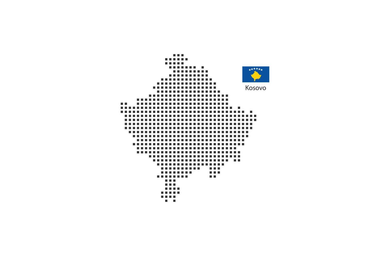 Carte en pointillés de pixels carrés vectoriels du kosovo isolé sur fond blanc avec le drapeau du kosovo. vecteur