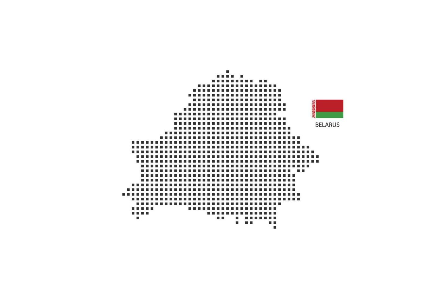 Carte en pointillés pixel carré vectoriel de la Biélorussie isolée sur fond blanc avec le drapeau de la Biélorussie.