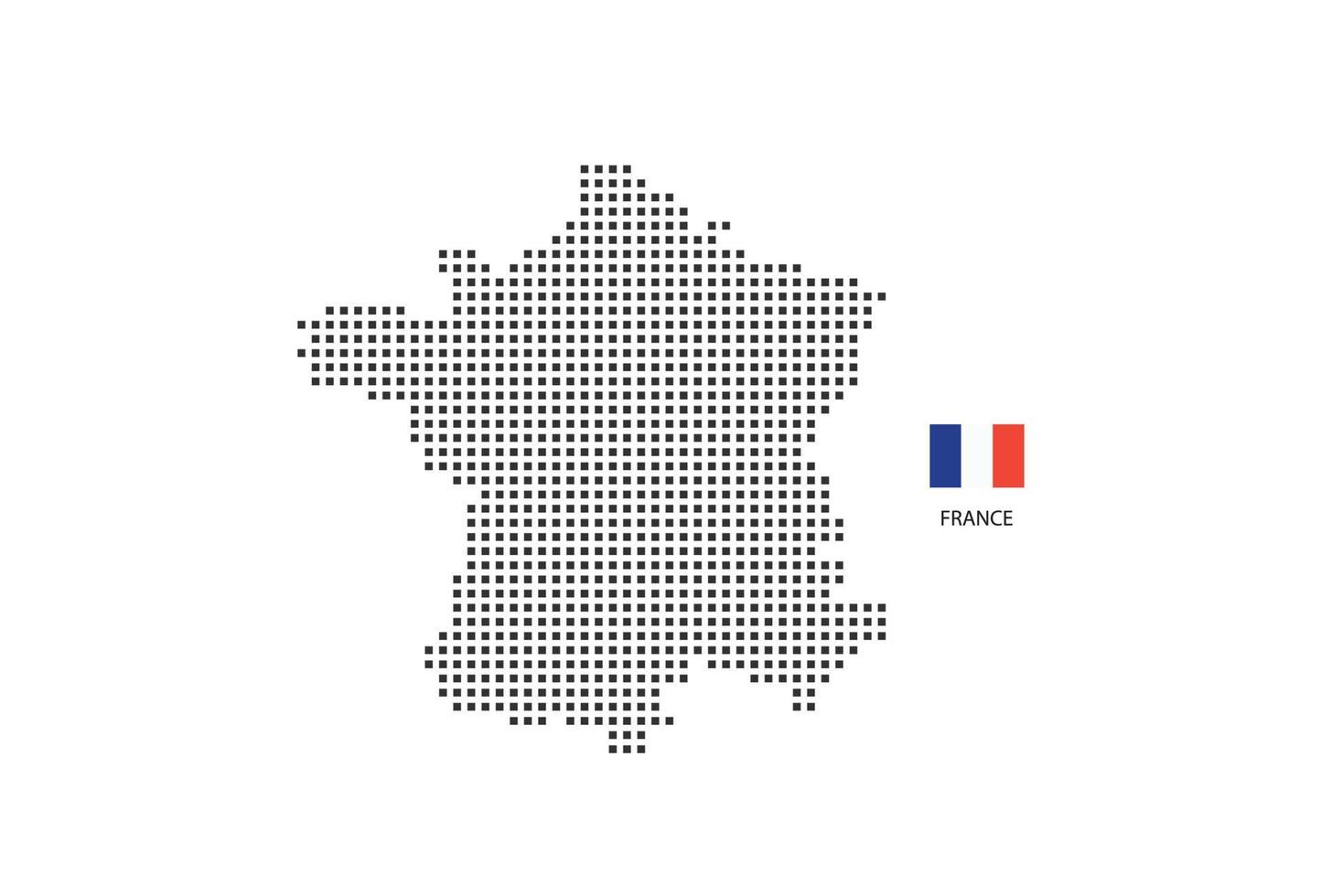 Carte en pointillés pixel carré vectoriel de la france isolée sur fond blanc avec le drapeau de la france.