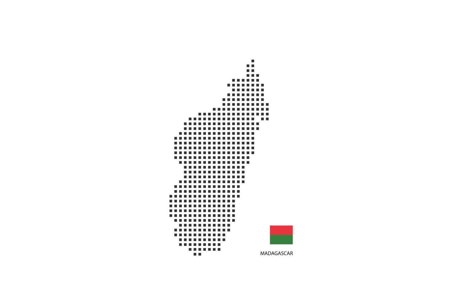 Carte en pointillés de pixels carrés vectoriels de madagascar isolée sur fond blanc avec le drapeau de madagascar. vecteur