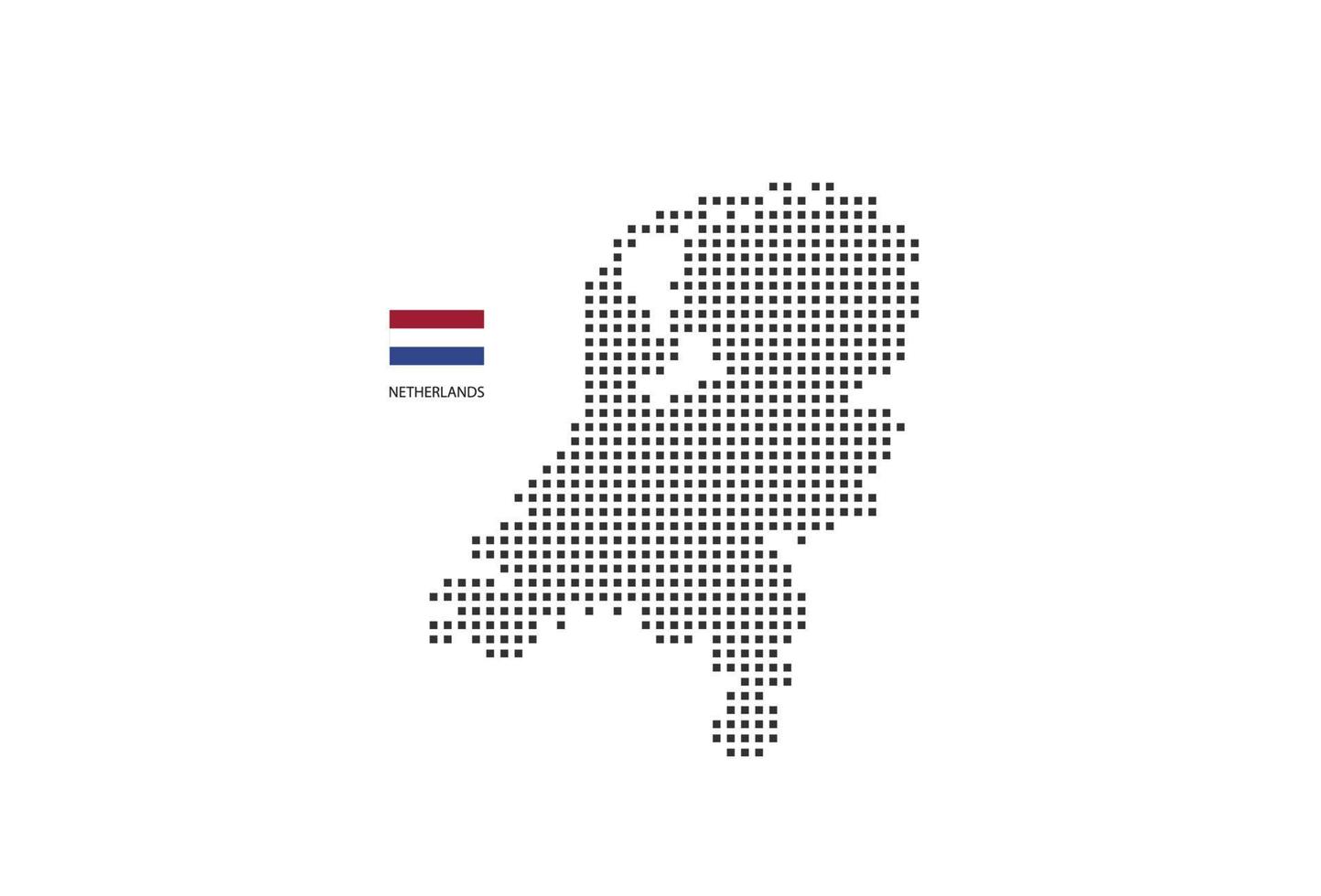 Carte en pointillés pixel carré vectoriel des pays-bas isolé sur fond blanc avec le drapeau des pays-bas.