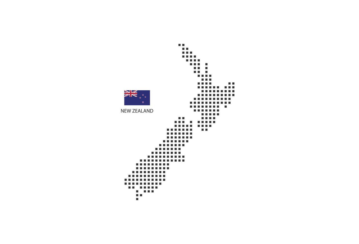 Carte en pointillés pixel carré vectoriel de la Nouvelle-Zélande isolée sur fond blanc avec le drapeau de la Nouvelle-Zélande.