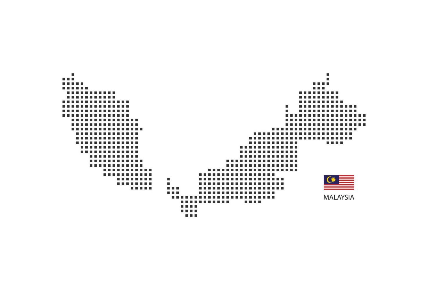 Carte en pointillés de pixels carrés vectoriels de la Malaisie isolée sur fond blanc avec le drapeau de la Malaisie. vecteur