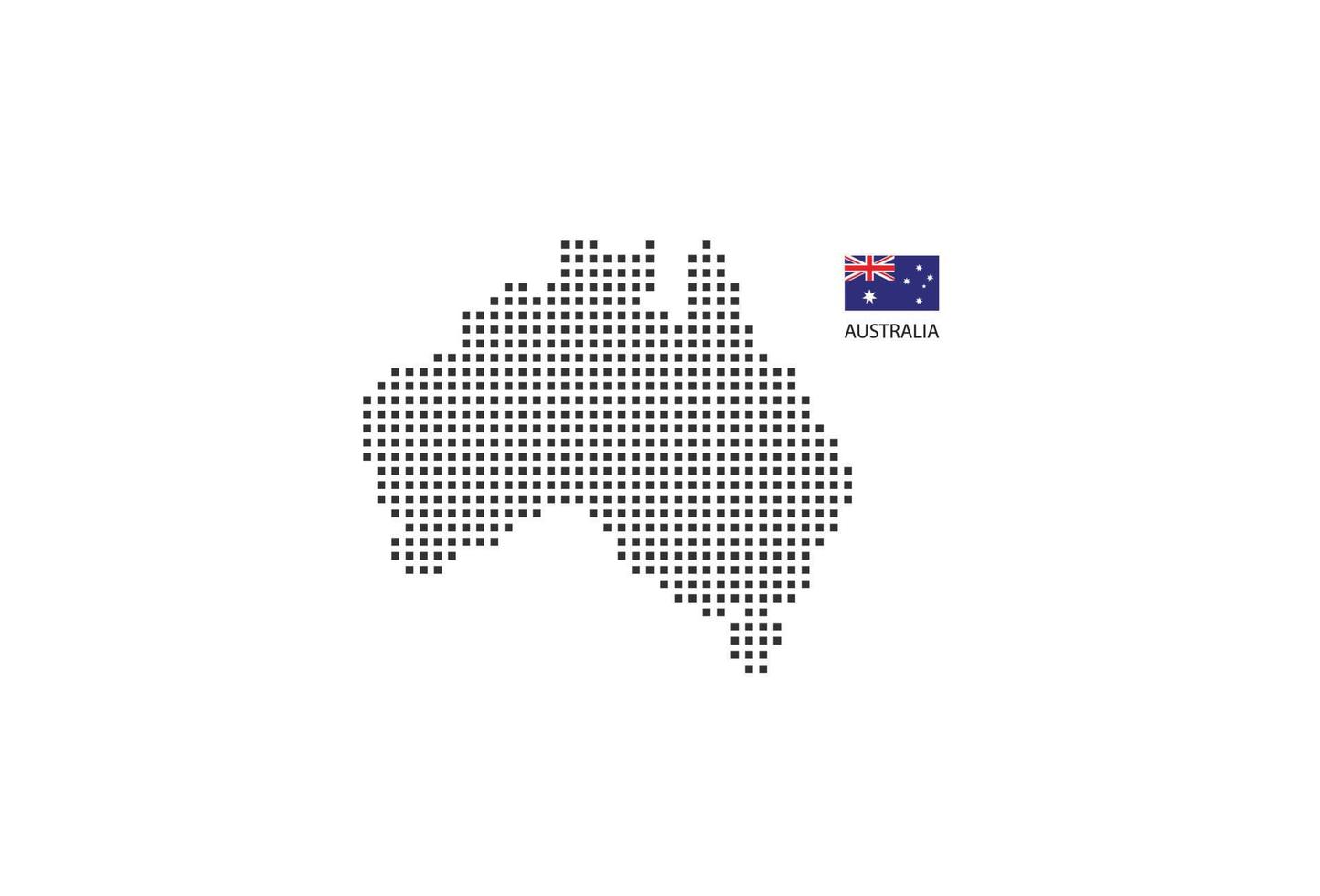 Carte en pointillés de pixel carré vectoriel de l'Australie isolée sur fond blanc avec le drapeau de l'Australie.