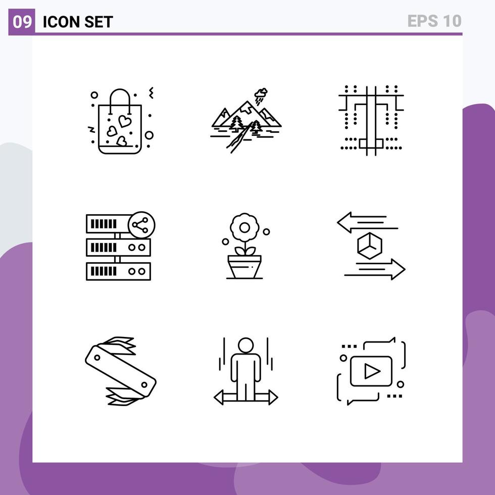 pack de 9 signes et symboles de contours modernes pour les supports d'impression Web tels que le réseau de montagne du serveur d'usine hébergeant des éléments de conception vectoriels modifiables vecteur