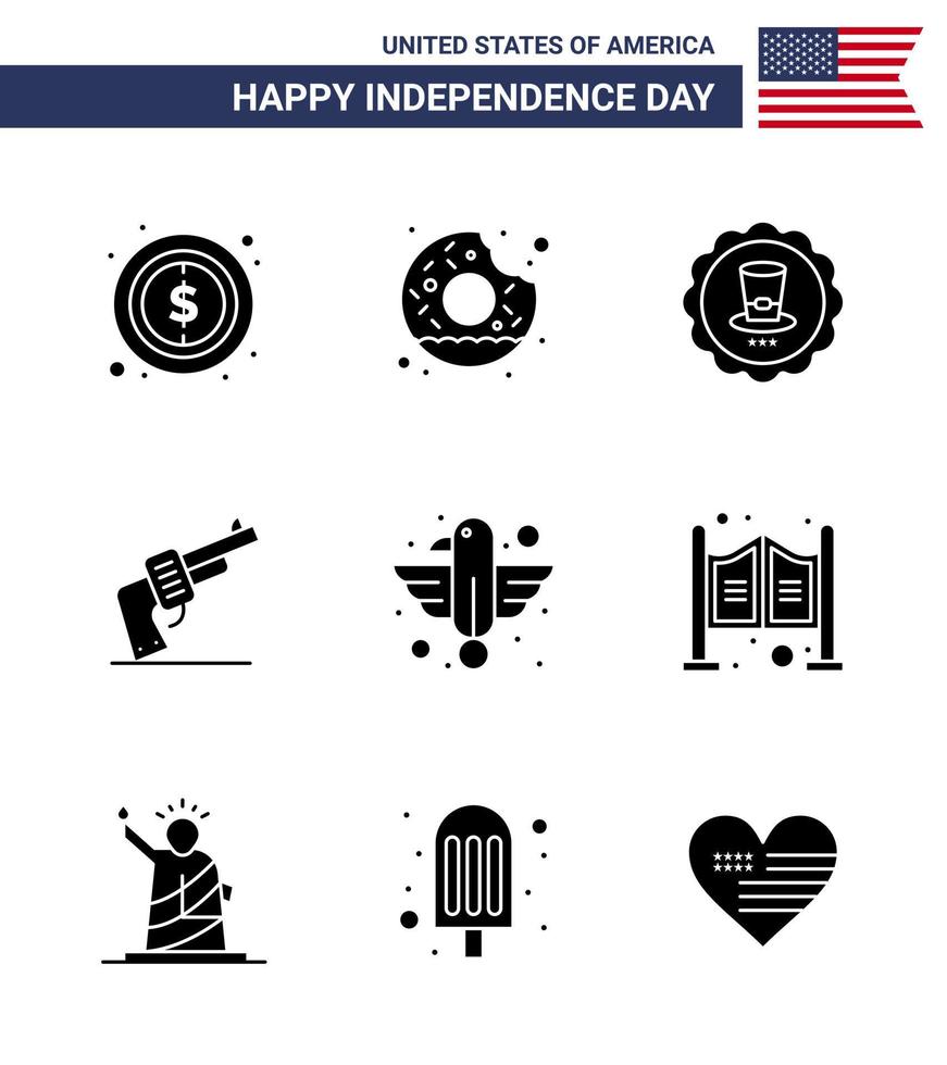ensemble de 9 icônes de la journée des états-unis symboles américains signes de la fête de l'indépendance pour animal américain arme en verre pistolet modifiable éléments de conception vectorielle de la journée des états-unis vecteur