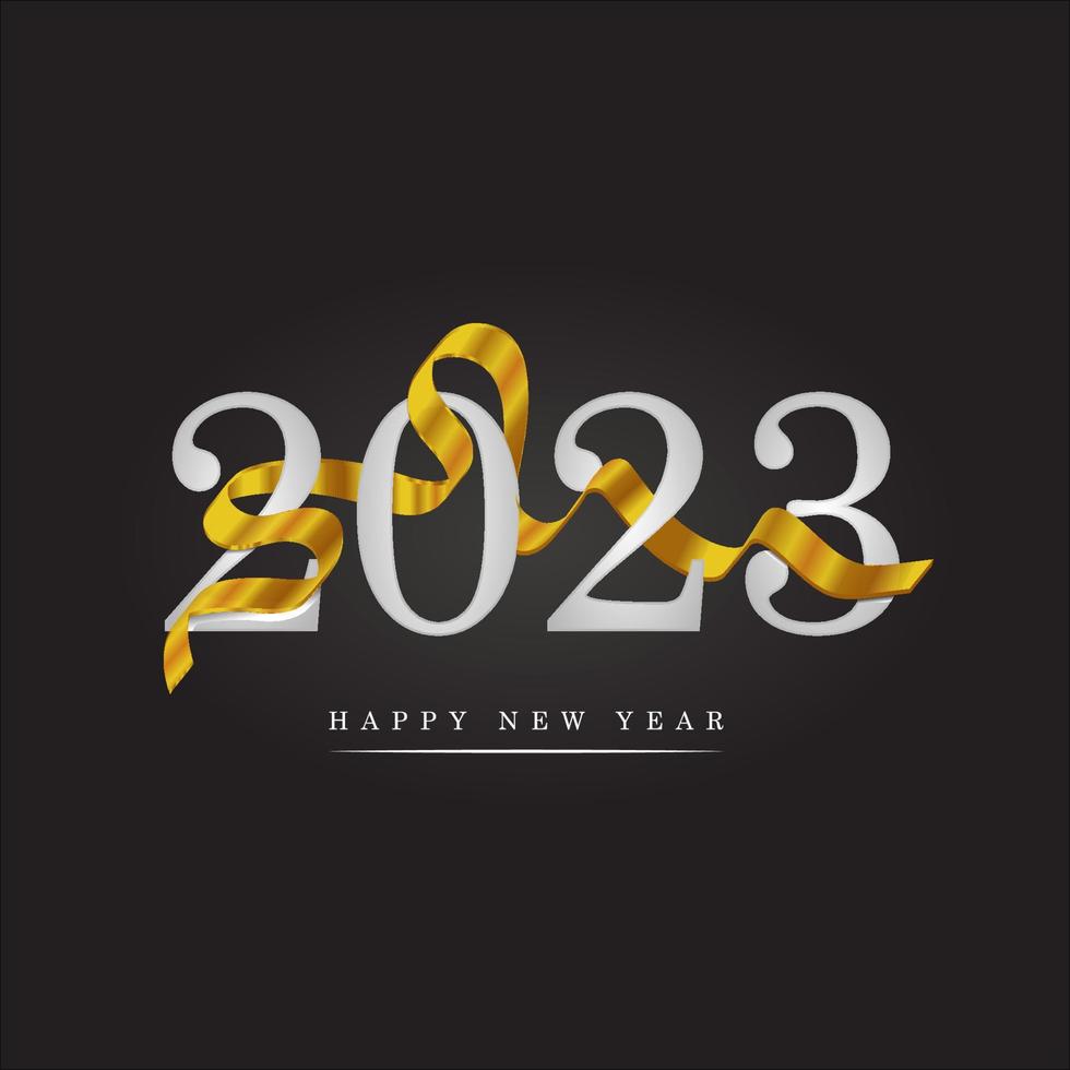 Conception premium de bonne année 2023 avec des rubans dorés, lettrage de bonne année 2023 sur illustration vectorielle fond noir. vecteur