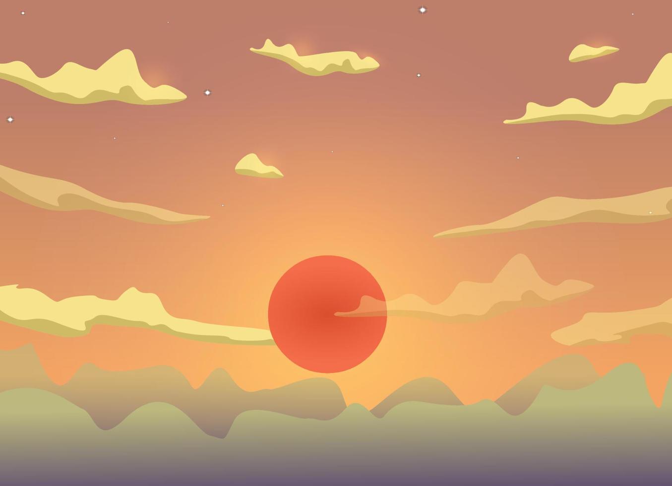 ciel de dessin animé coucher de soleil avec nuages, soleil, conception de fond de vecteur de lumière du soleil.