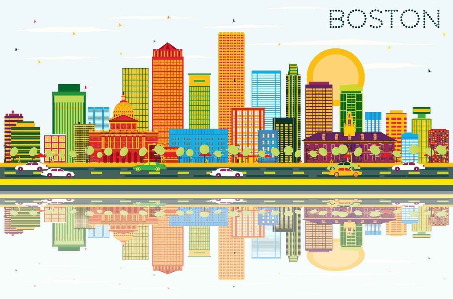 skyline de boston avec des bâtiments de couleur, un ciel bleu et des reflets. vecteur