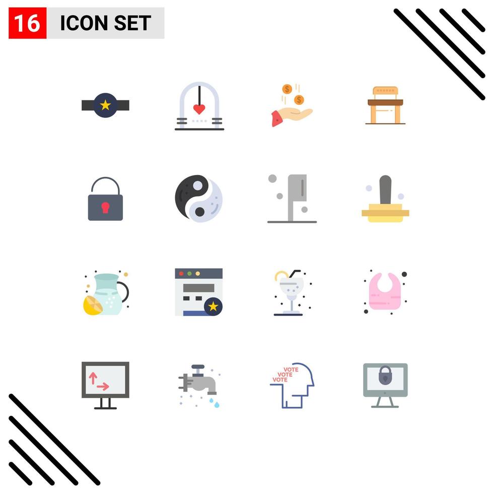 pack de 16 signes et symboles de couleurs plates modernes pour les supports d'impression Web tels que chaise bureau mariage charité argent pack modifiable d'éléments de conception de vecteur créatif