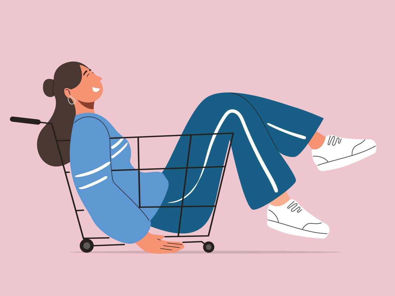 femme assise dans un chariot de supermarché, concept de shopping vecteur