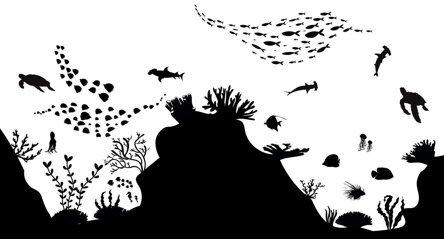 silhouette de récif corallien avec des poissons sur fond de mer blanche illustration vectorielle sous-marine vecteur