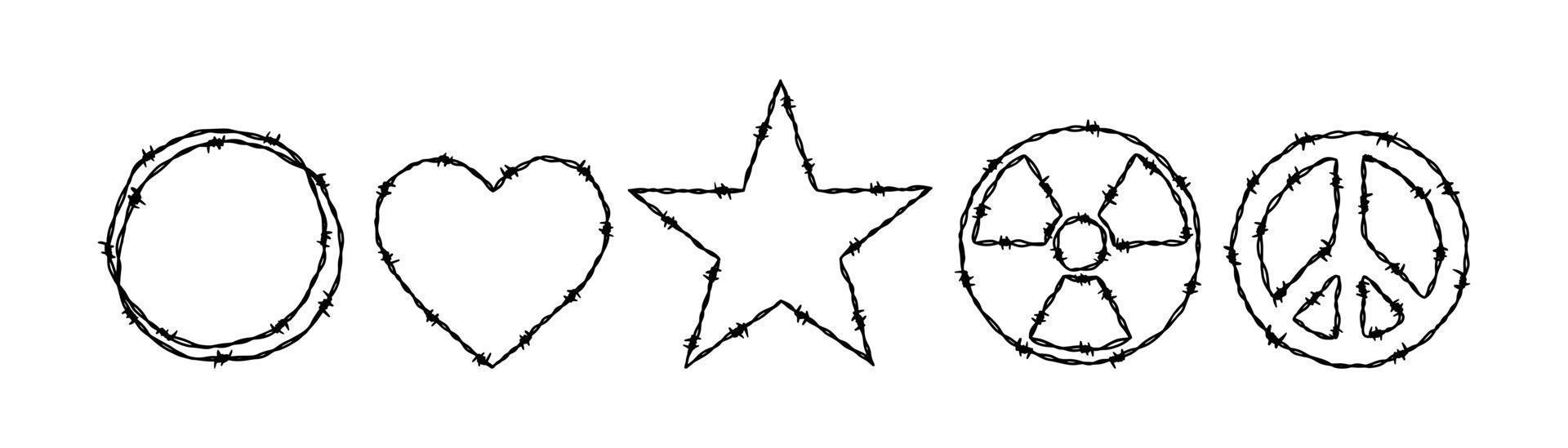 ensemble de cadres en forme de fil de fer barbelé. illustration vectorielle dessinée à la main dans le style de croquis. élément de conception pour les concepts militaires, de sécurité, de prison et d'esclavage vecteur