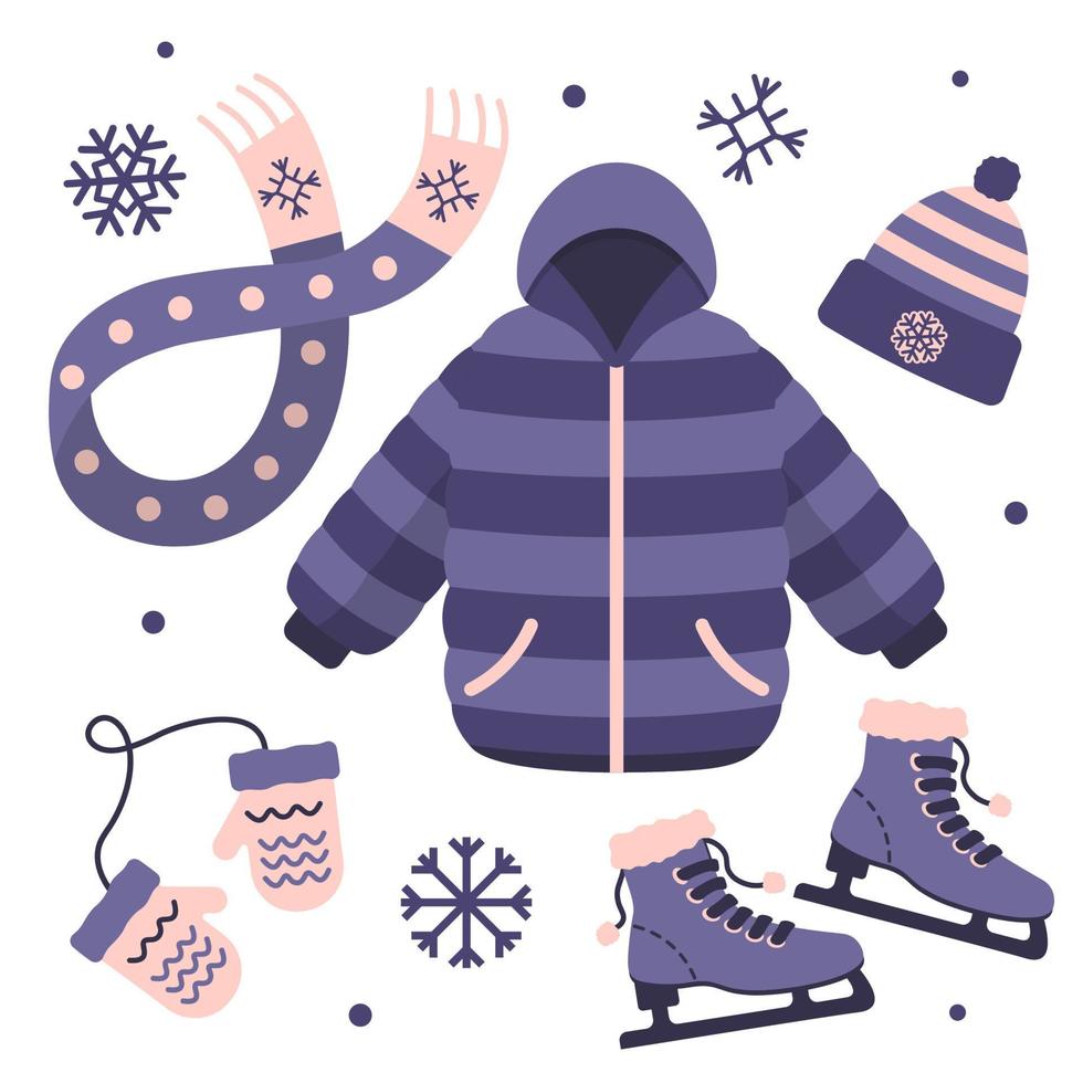 collection de vêtements d'hiver pour le patinage sur glace dans des couleurs violettes illustration vectorielle dans un style plat vecteur