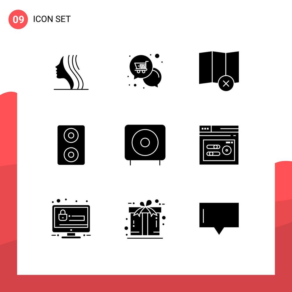 pack d'interface utilisateur de 9 glyphes solides de base d'appareils d'achat d'électronique de subwoofer haut-parleurs éléments de conception vectoriels modifiables vecteur