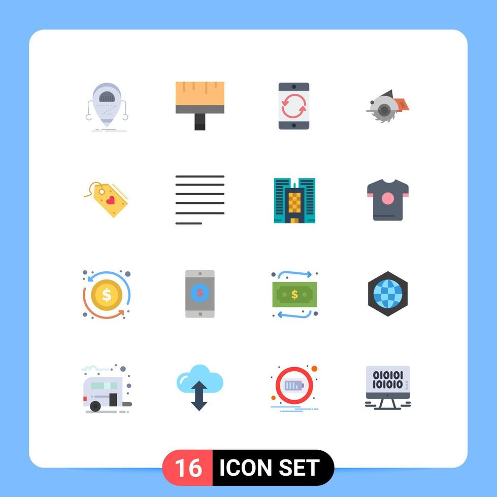ensemble moderne de 16 pictogrammes de couleurs plates d'outils de construction de construction dispositifs de scie pack modifiable d'éléments de conception de vecteur créatif