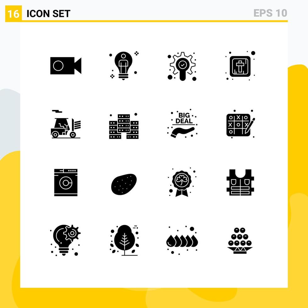 pack de 16 signes et symboles de glyphes solides modernes pour les supports d'impression Web tels que les éléments de conception vectoriels modifiables croisés de chariot élévateur de recherche de contour numérique vecteur