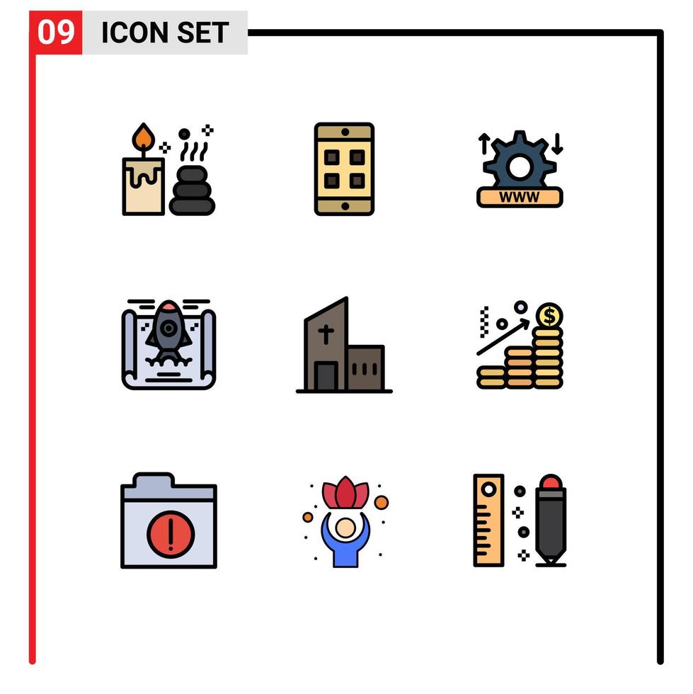 9 concept de couleur plate fillline pour sites Web mobiles et applications système d'église de monastère éléments de conception vectoriels modifiables de fusée chrétienne vecteur