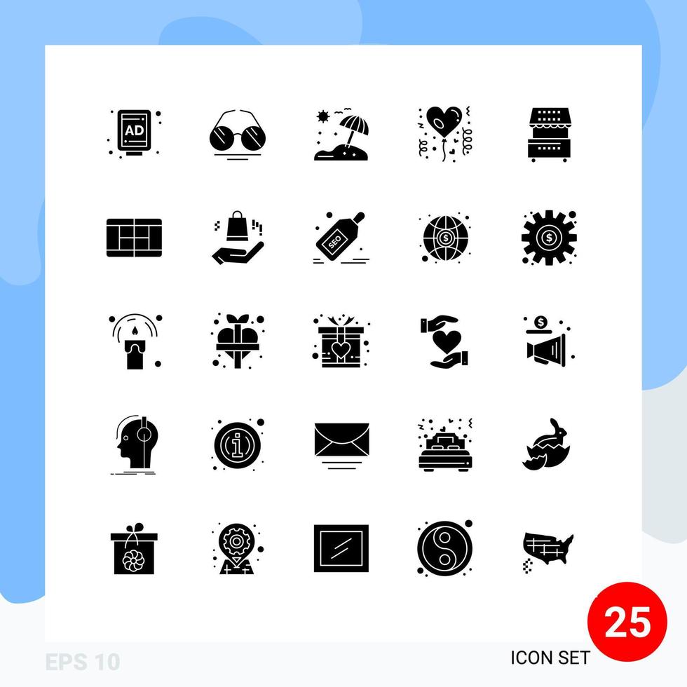 25 glyphes solides universels pour applications web et mobiles kiosque boissons parapluie cuisine amour éléments de conception vectoriels modifiables vecteur