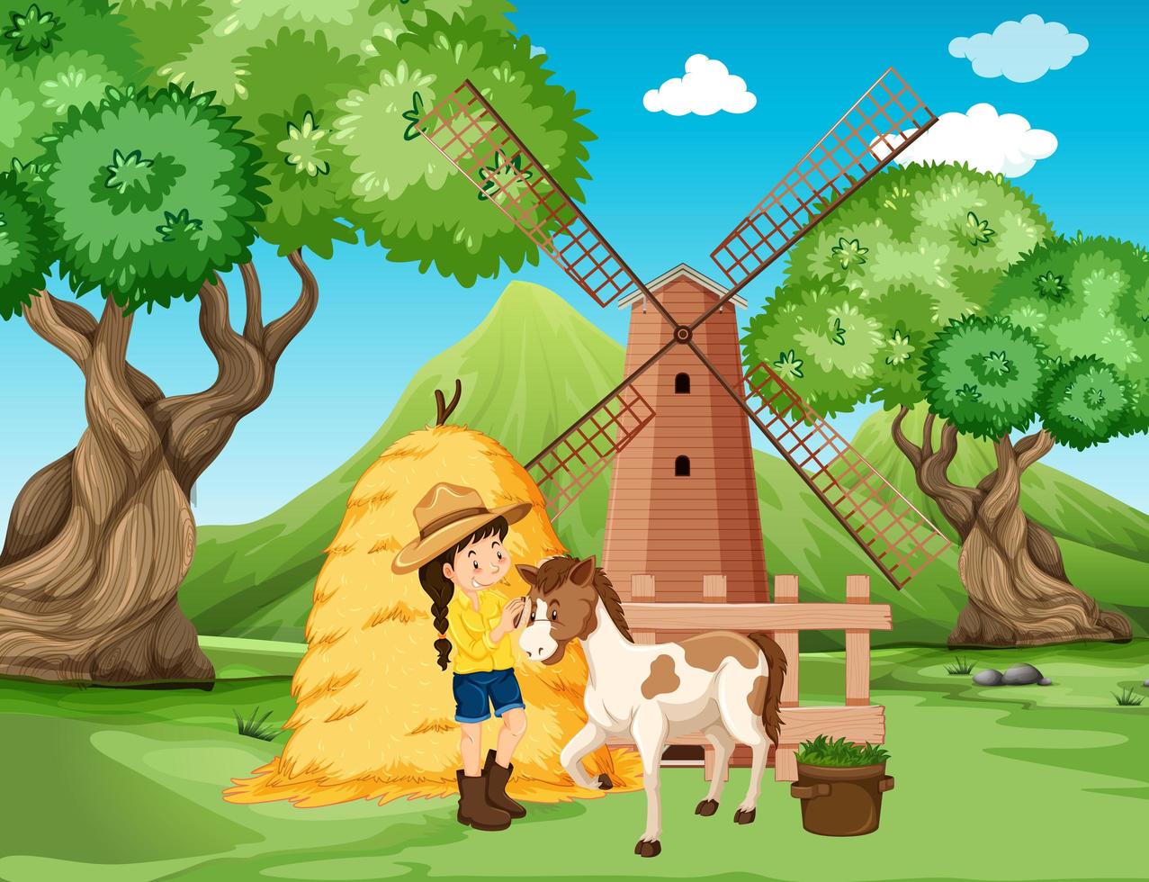 scène de ferme avec fille et cheval à la ferme vecteur
